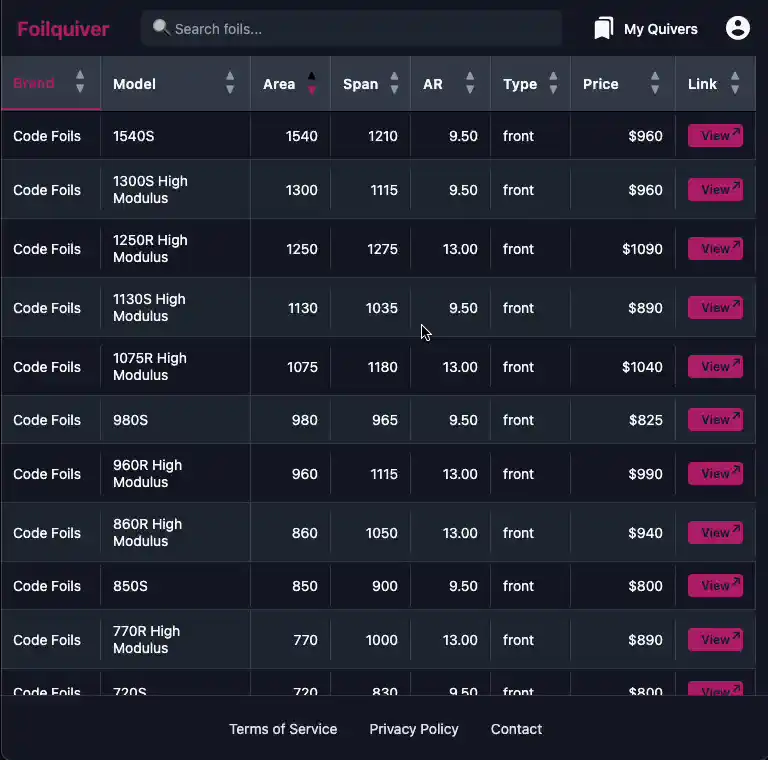 Foilquiver App Interface - Compare Foils Foilquiver Compare feature