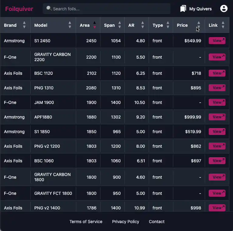 Foilquiver App Interface - Filters Foilquiver Filter feature