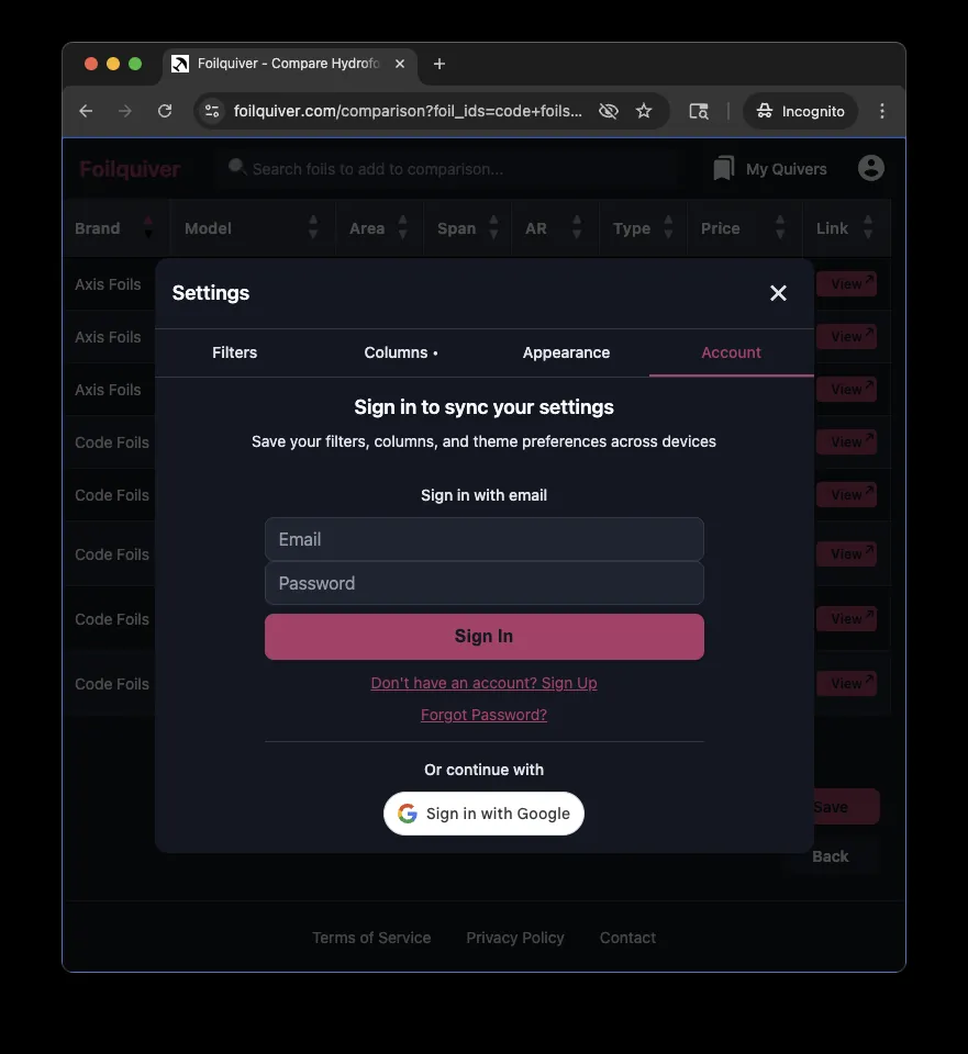 Foilquiver sign-in screen