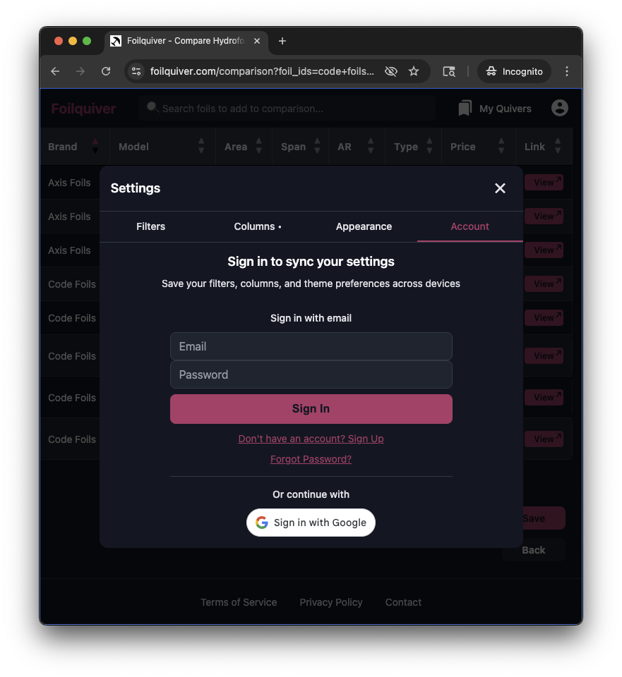 Foilquiver App Interface - Sign in Foilquiver sign in